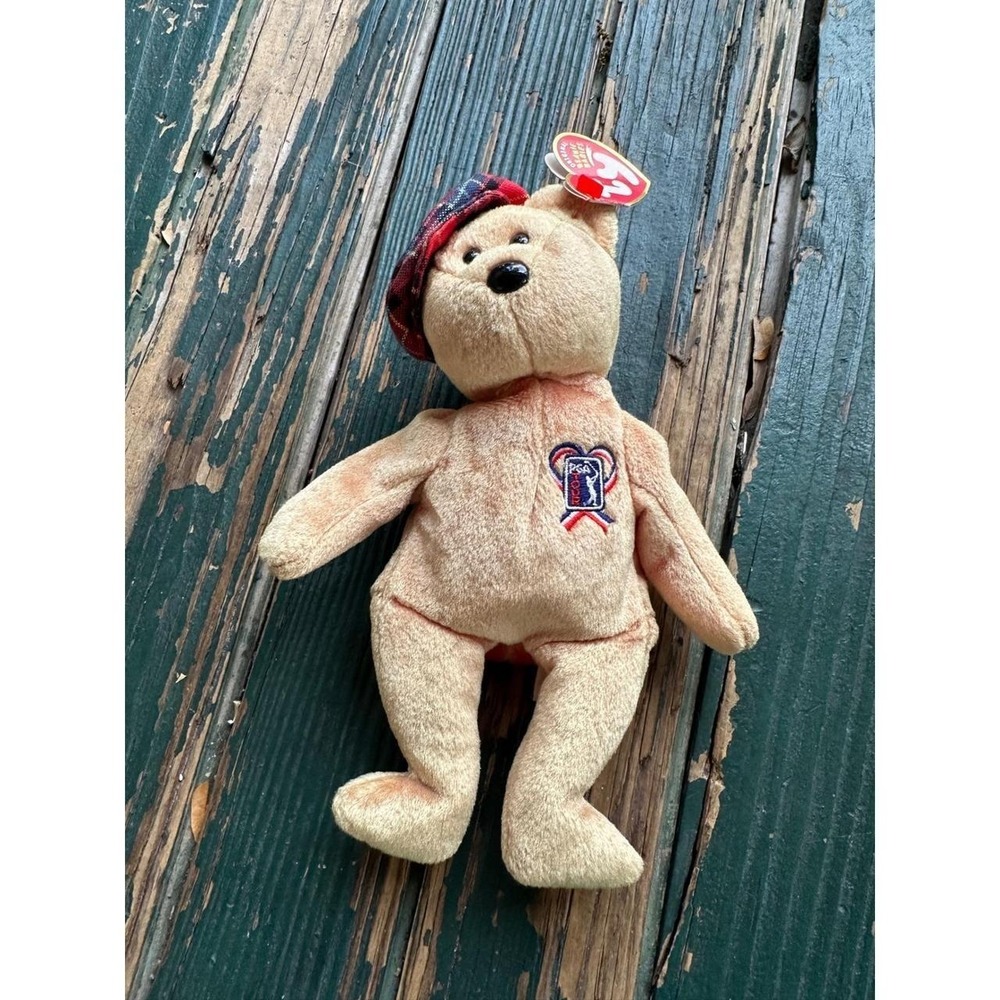 Ty Beanie Babies ChariTee PGA Tour Golf Bear Tan Plaid‎ Hat Plush Toy A1179